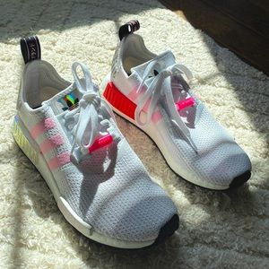 White Adidas NMDs sneakers in a women’s size 9